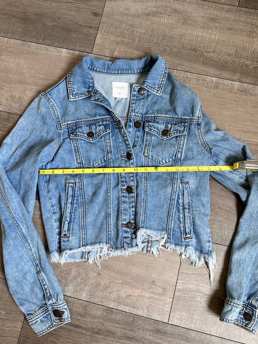 Cropped Denim Jacket Y2K Grunge Raw Hem Fitted Blue Small Hidden Jeans - Picture 5 of 8